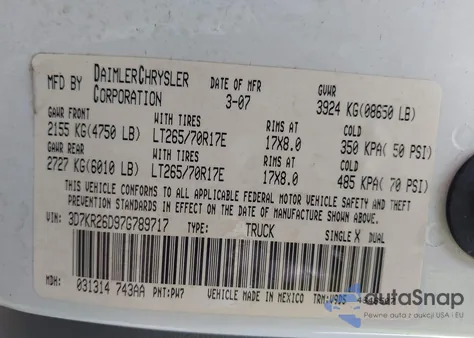 2007 Dodge Ram 2500 Slt/Sport из США, поврежденный, VIN 3D7KR26D97G789717